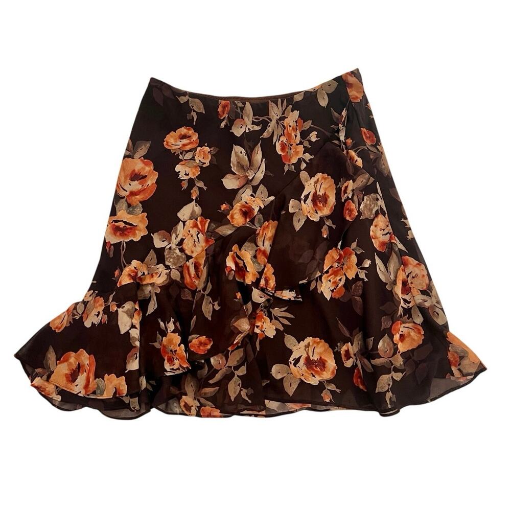 American Living Brown Floral Ruffled Midi Skirt in Sz L